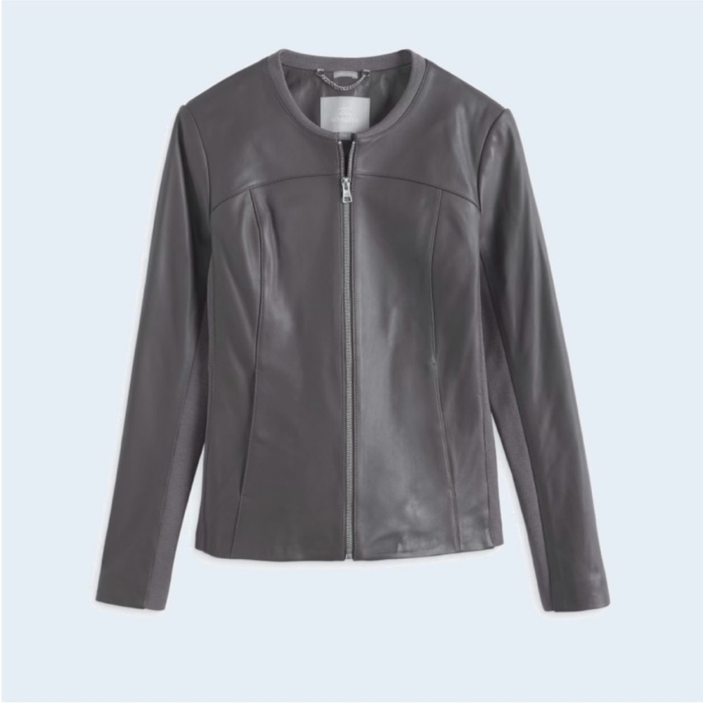 SOIA & Kyo Sianne Lamb Leather Collarless Jacket in Dark Gray Small